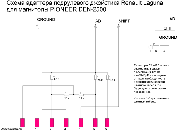 Схема адаптера подрулевого джойстика для магнитолы PIONEER DEN-2500
